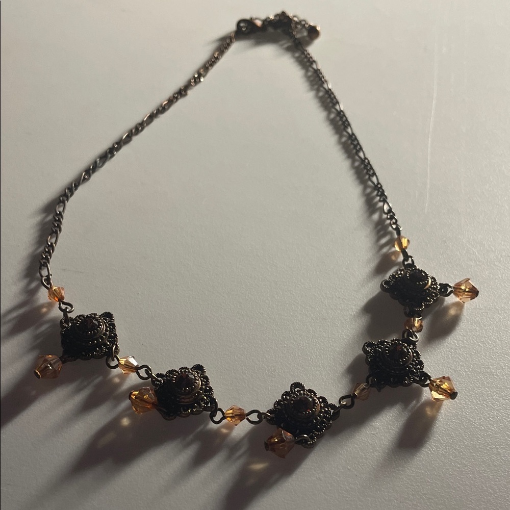 Antique Bronze Filigree Necklace with Amber Beads
